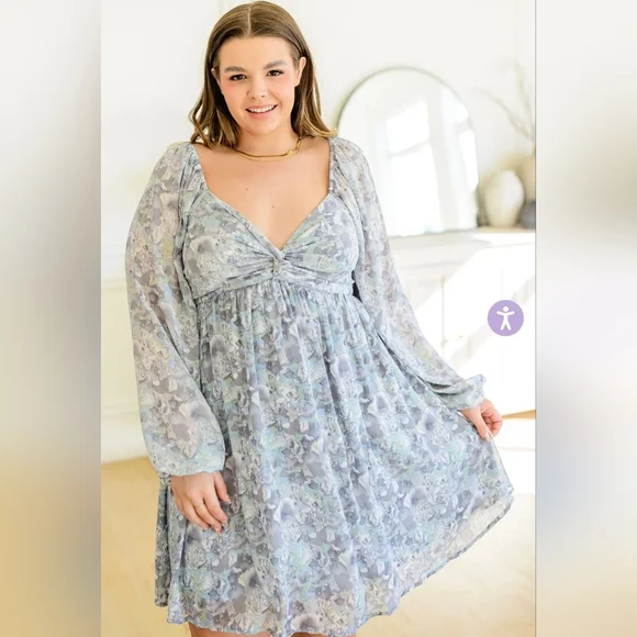 NWT Mittoshop Blue Gray Floral Princess Neckline Boho Midi Dress Size Large - Picture 13 of 15